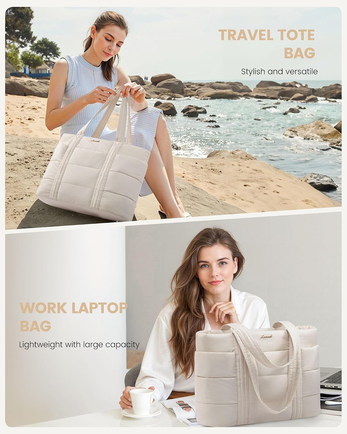 Tote Bag for Women, Large Puffer Work Tote Bag for 15.6 Inch Laptop, Lightweight Travel Tote with Zipper Gifts for Women