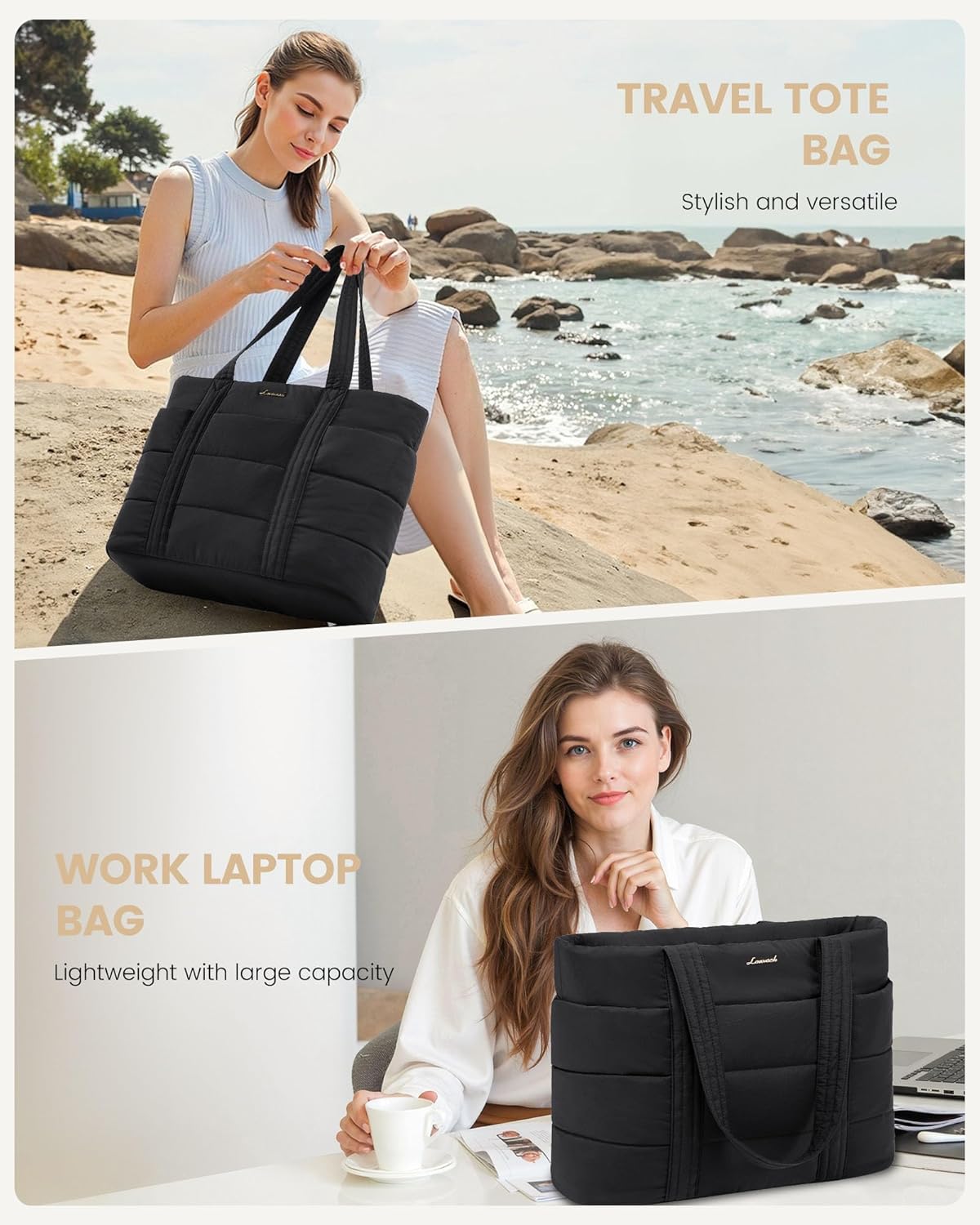 Tote Bag for Women, Large Puffer Work Tote Bag for 15.6 Inch Laptop, Lightweight Travel Tote with Zipper Gifts for Women
