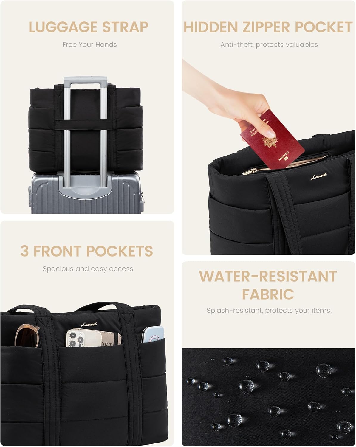 Tote Bag for Women, Large Puffer Work Tote Bag for 15.6 Inch Laptop, Lightweight Travel Tote with Zipper Gifts for Women
