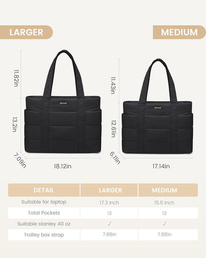 Tote Bag for Women, Large Puffer Work Tote Bag for 15.6 Inch Laptop, Lightweight Travel Tote with Zipper Gifts for Women