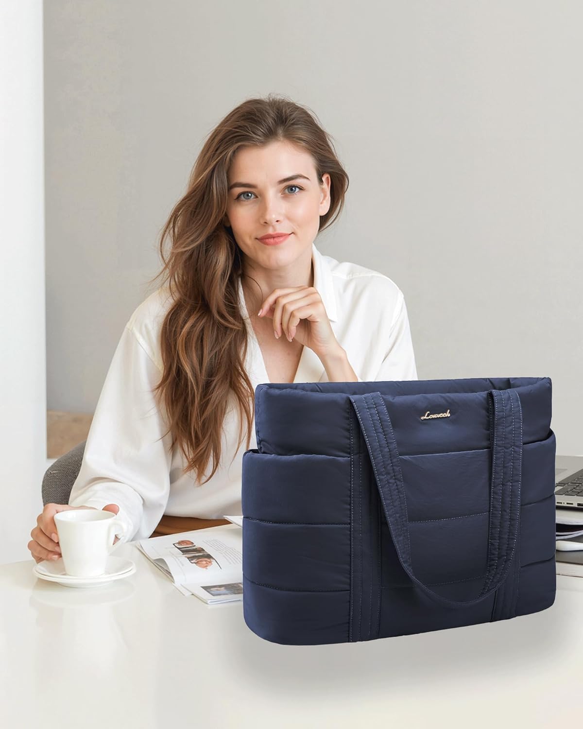Tote Bag for Women, Large Puffer Work Tote Bag for 15.6 Inch Laptop, Lightweight Travel Tote with Zipper Gifts for Women