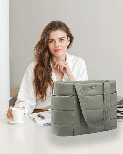 Tote Bag for Women, Large Puffer Work Tote Bag for 15.6 Inch Laptop, Lightweight Travel Tote with Zipper Gifts for Women