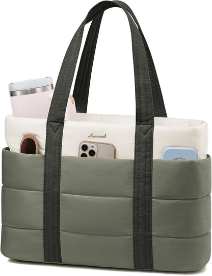 Tote Bag for Women, Large Puffer Work Tote Bag for 15.6 Inch Laptop, Lightweight Travel Tote with Zipper Gifts for Women