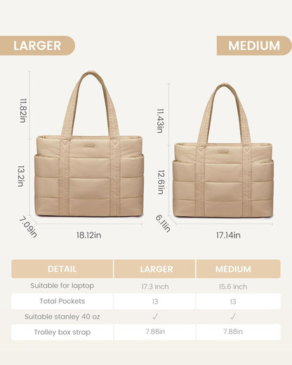Tote Bag for Women, Large Puffer Work Tote Bag for 15.6 Inch Laptop, Lightweight Travel Tote with Zipper Gifts for Women