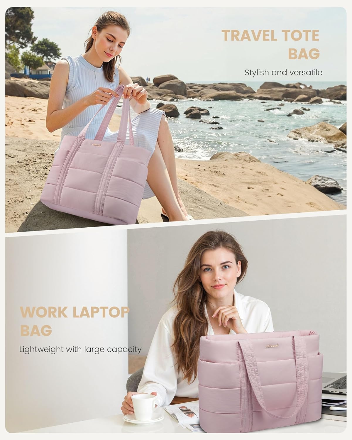 Tote Bag for Women, Large Puffer Work Tote Bag for 15.6 Inch Laptop, Lightweight Travel Tote with Zipper Gifts for Women