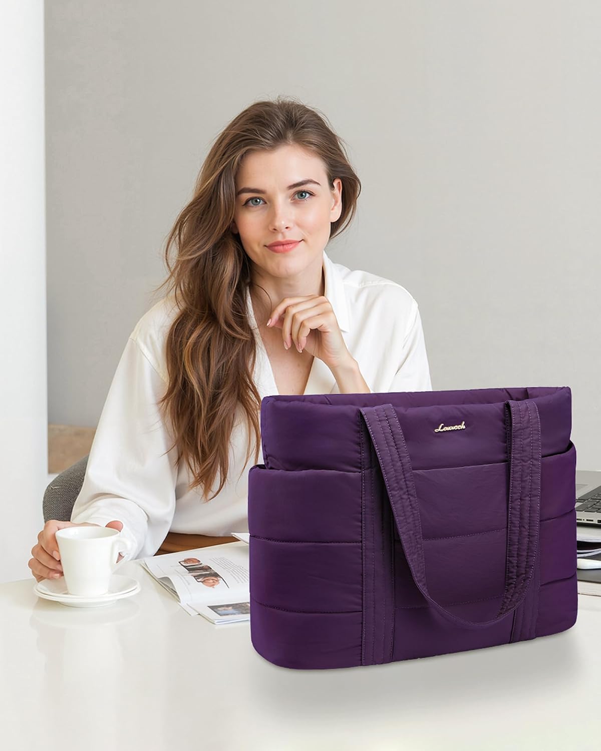 Tote Bag for Women, Large Puffer Work Tote Bag for 15.6 Inch Laptop, Lightweight Travel Tote with Zipper Gifts for Women