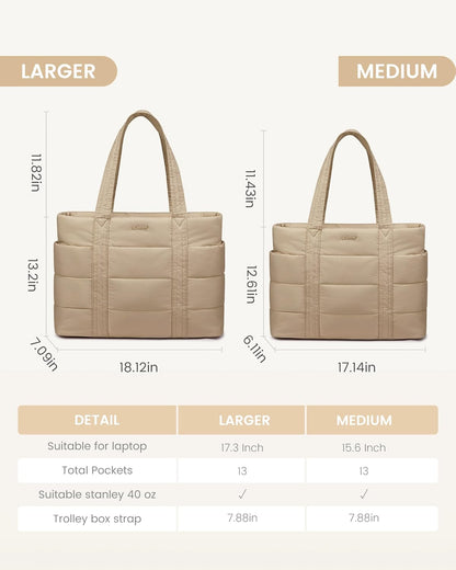 Tote Bag for Women, Large Puffer Work Tote Bag for 15.6 Inch Laptop, Lightweight Travel Tote with Zipper Gifts for Women