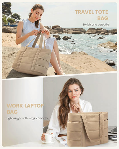 Tote Bag for Women, Large Puffer Work Tote Bag for 15.6 Inch Laptop, Lightweight Travel Tote with Zipper Gifts for Women