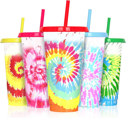 Color Changing Cups, Plastic Cups with Lids and Straws, Reusable Plastic Tumblers - BPA-Free, Durable & Food Safe, Ideal for Iced Coffee, Smoothies & Cold Drinks, 5 Pack - Vibe Typography Style