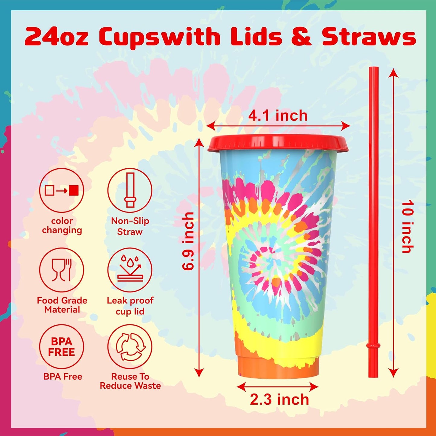 Color Changing Cups, Plastic Cups with Lids and Straws, Reusable Plastic Tumblers - BPA-Free, Durable & Food Safe, Ideal for Iced Coffee, Smoothies & Cold Drinks, 5 Pack - Vibe Typography Style