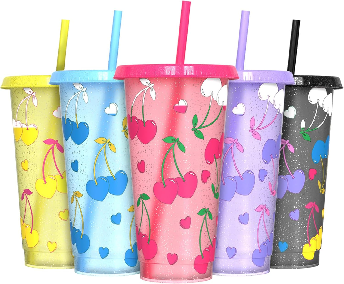 Color Changing Cups, Plastic Cups with Lids and Straws, Reusable Plastic Tumblers - BPA-Free, Durable & Food Safe, Ideal for Iced Coffee, Smoothies & Cold Drinks, 5 Pack - Vibe Typography Style