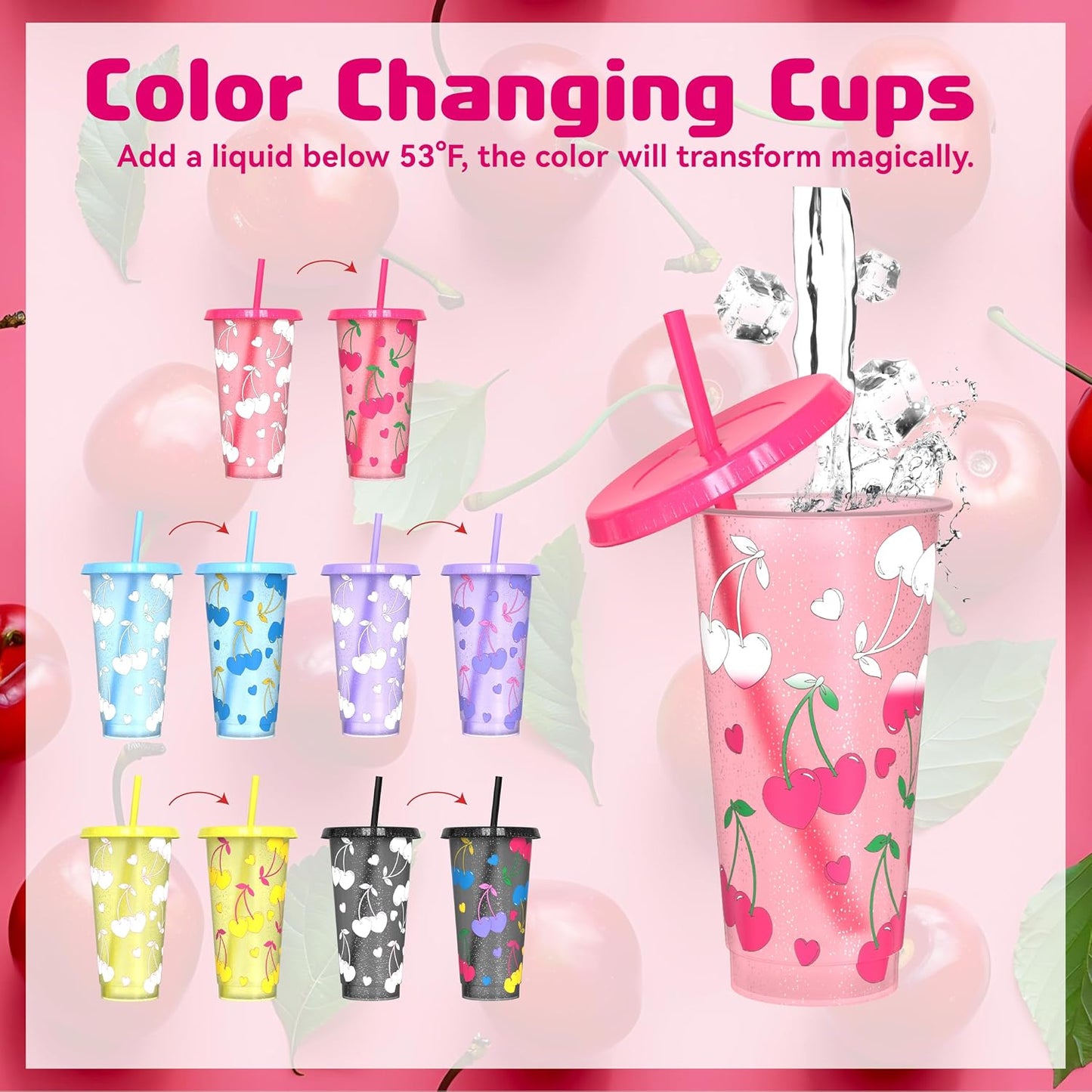 Color Changing Cups, Plastic Cups with Lids and Straws, Reusable Plastic Tumblers - BPA-Free, Durable & Food Safe, Ideal for Iced Coffee, Smoothies & Cold Drinks, 5 Pack - Vibe Typography Style