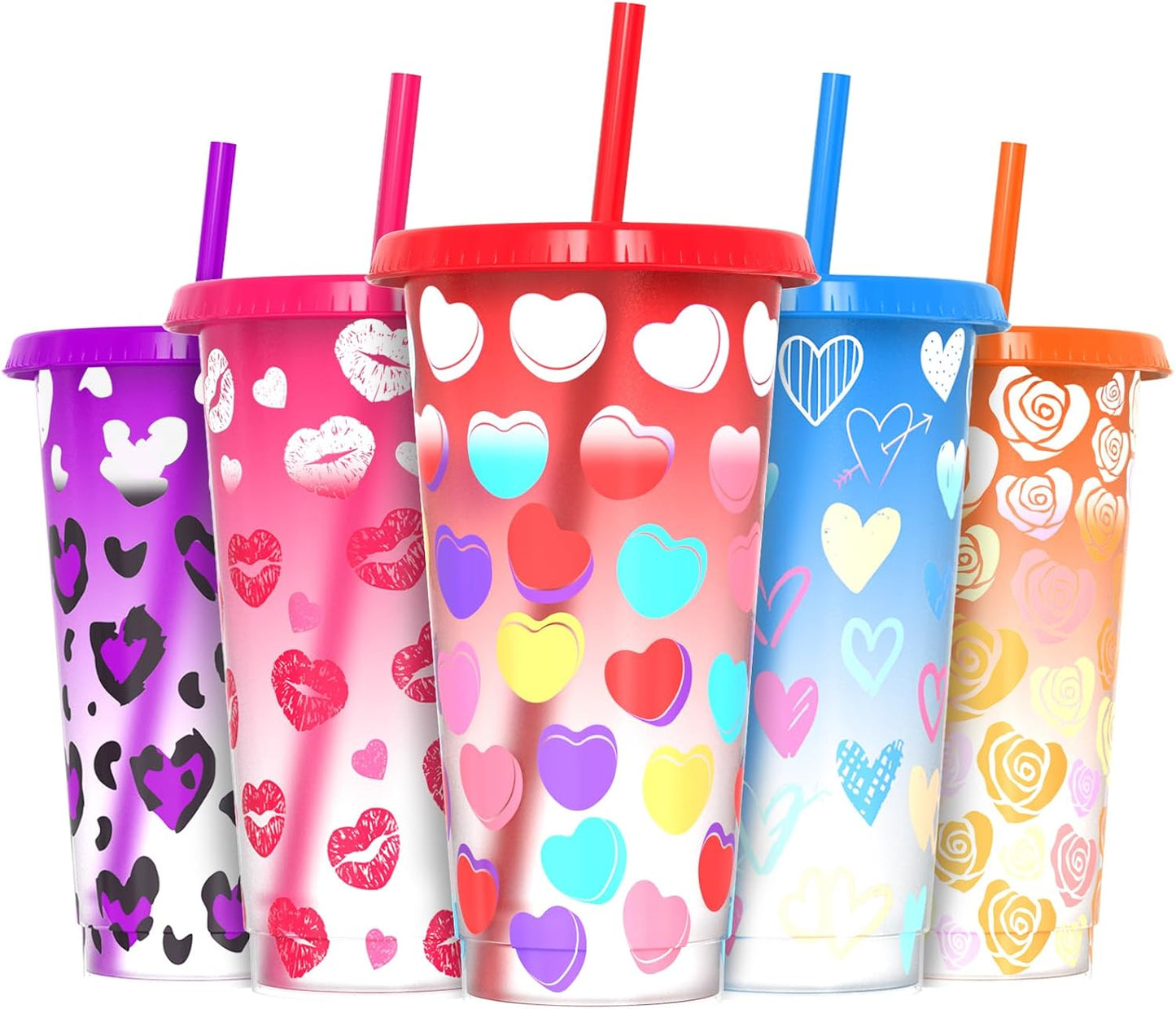 Color Changing Cups, Plastic Cups with Lids and Straws, Reusable Plastic Tumblers - BPA-Free, Durable & Food Safe, Ideal for Iced Coffee, Smoothies & Cold Drinks, 5 Pack - Vibe Typography Style