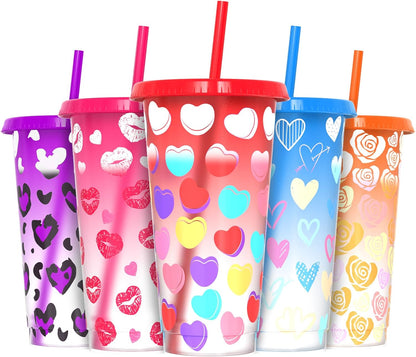 Color Changing Cups, Plastic Cups with Lids and Straws, Reusable Plastic Tumblers - BPA-Free, Durable & Food Safe, Ideal for Iced Coffee, Smoothies & Cold Drinks, 5 Pack - Vibe Typography Style