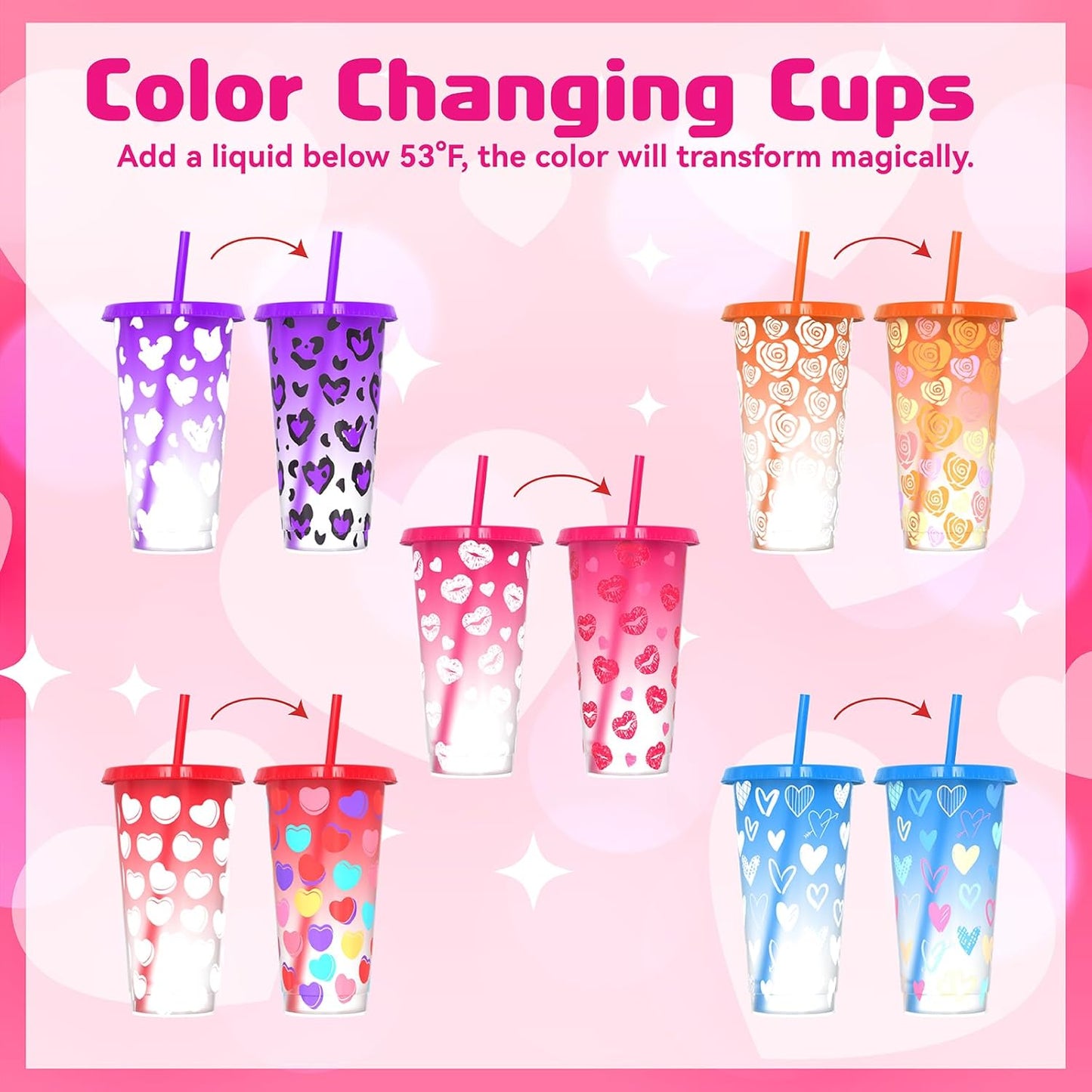 Color Changing Cups, Plastic Cups with Lids and Straws, Reusable Plastic Tumblers - BPA-Free, Durable & Food Safe, Ideal for Iced Coffee, Smoothies & Cold Drinks, 5 Pack - Vibe Typography Style