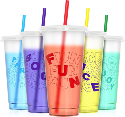Color Changing Cups, Plastic Cups with Lids and Straws, Reusable Plastic Tumblers - BPA-Free, Durable & Food Safe, Ideal for Iced Coffee, Smoothies & Cold Drinks, 5 Pack - Vibe Typography Style