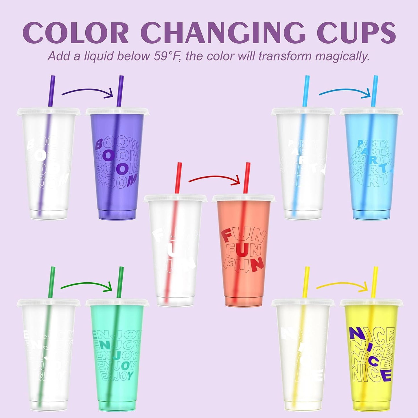 Color Changing Cups, Plastic Cups with Lids and Straws, Reusable Plastic Tumblers - BPA-Free, Durable & Food Safe, Ideal for Iced Coffee, Smoothies & Cold Drinks, 5 Pack - Vibe Typography Style