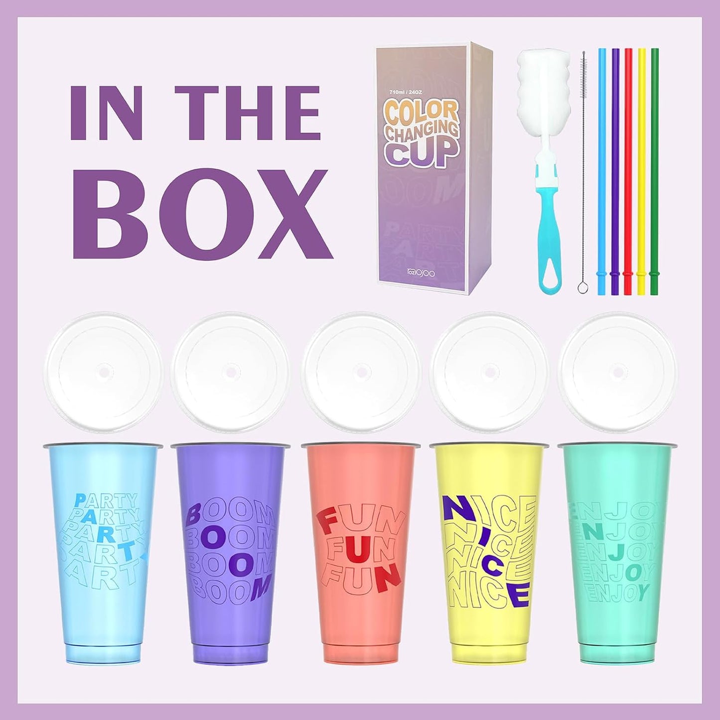 Color Changing Cups, Plastic Cups with Lids and Straws, Reusable Plastic Tumblers - BPA-Free, Durable & Food Safe, Ideal for Iced Coffee, Smoothies & Cold Drinks, 5 Pack - Vibe Typography Style