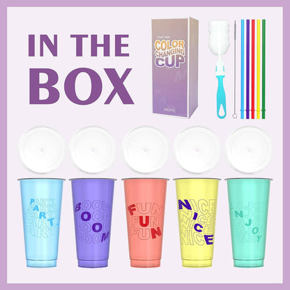 Color Changing Cups, Plastic Cups with Lids and Straws, Reusable Plastic Tumblers - BPA-Free, Durable & Food Safe, Ideal for Iced Coffee, Smoothies & Cold Drinks, 5 Pack - Vibe Typography Style