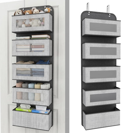 Narrow Over The Door Organizer, 5 Large Pockets Fabric Storage, 12" Wide