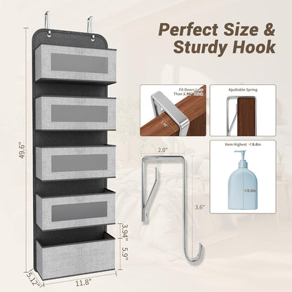 Narrow Over The Door Organizer, 5 Large Pockets Fabric Storage, 12" Wide