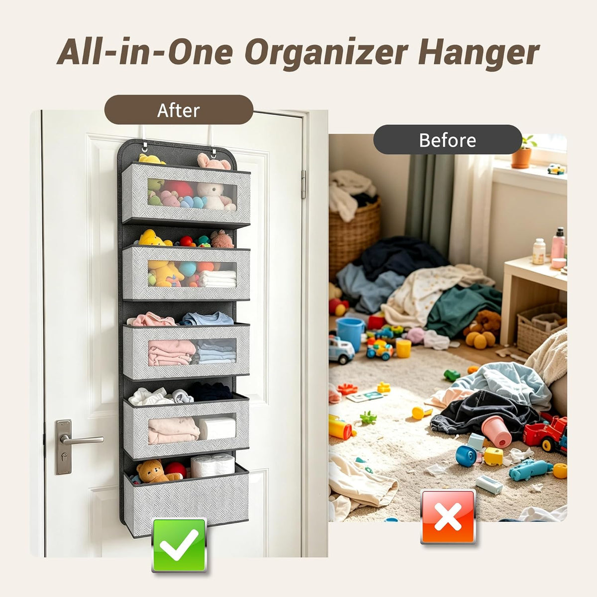 Narrow Over The Door Organizer, 5 Large Pockets Fabric Storage, 12" Wide