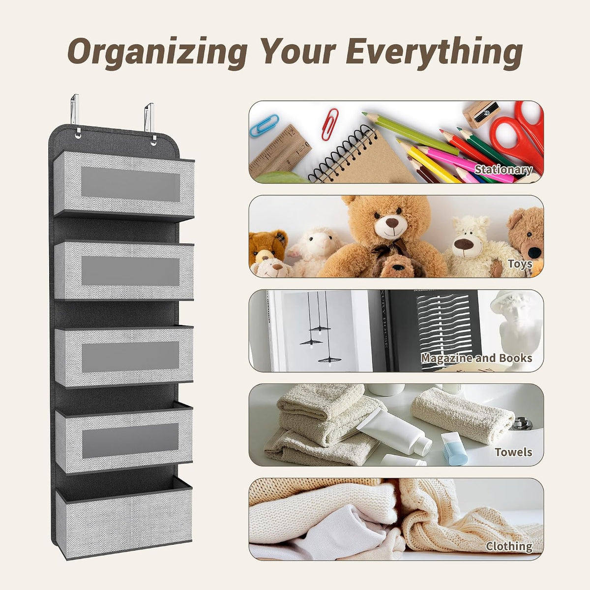 Narrow Over The Door Organizer, 5 Large Pockets Fabric Storage, 12" Wide