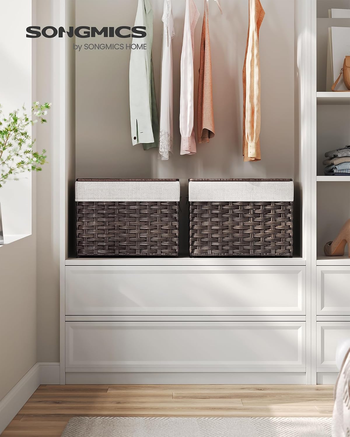 SONGMICS Woven Storage Basket with Lid, 27.7 Gallon (105L), Foldable