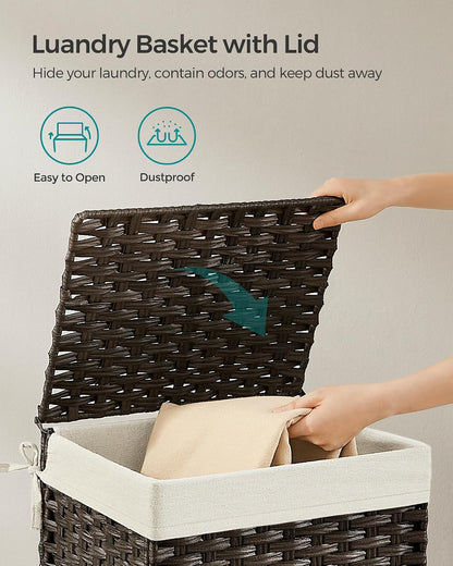 SONGMICS Woven Storage Basket with Lid, 27.7 Gallon (105L), Foldable