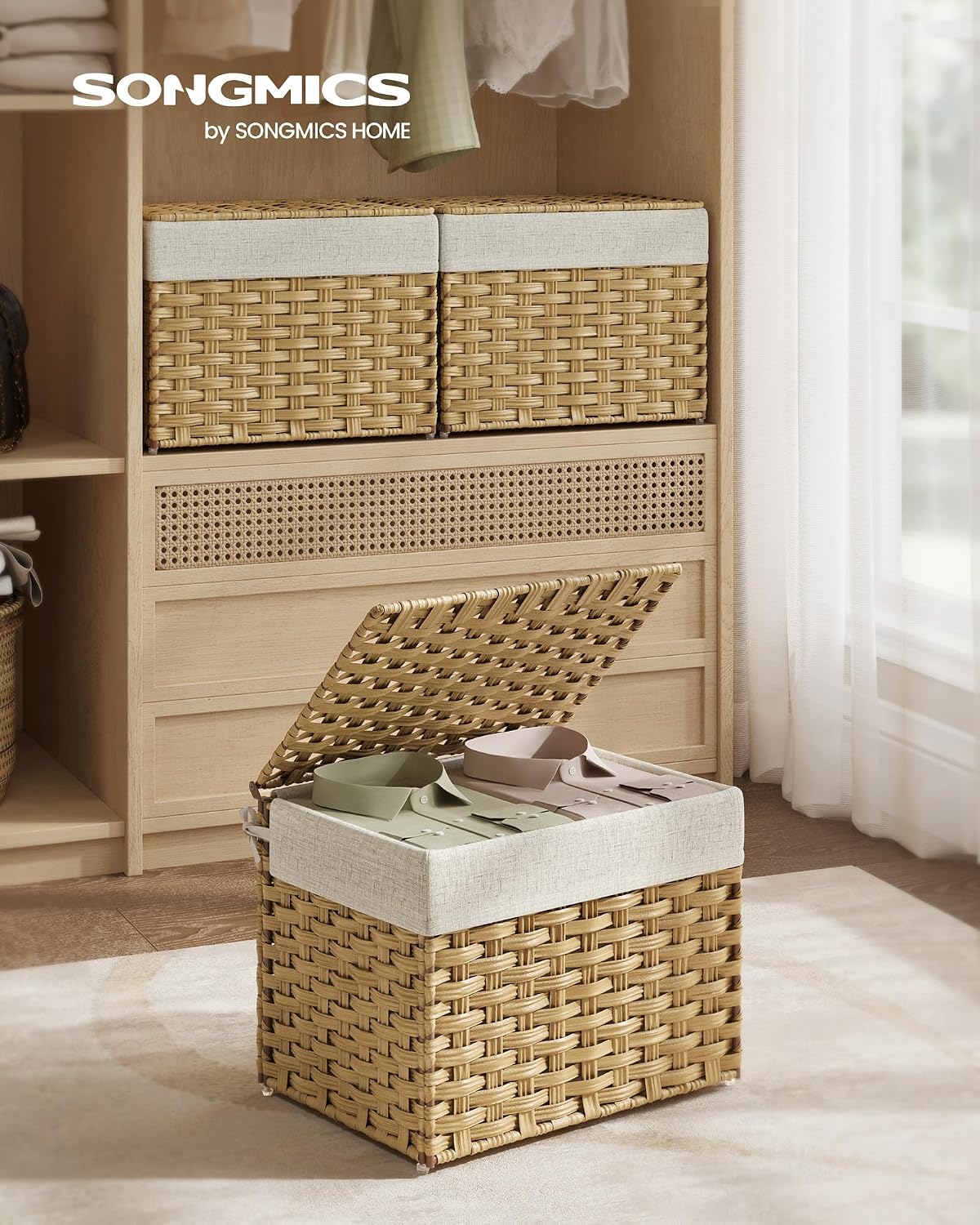 SONGMICS Woven Storage Basket with Lid, 27.7 Gallon (105L), Foldable