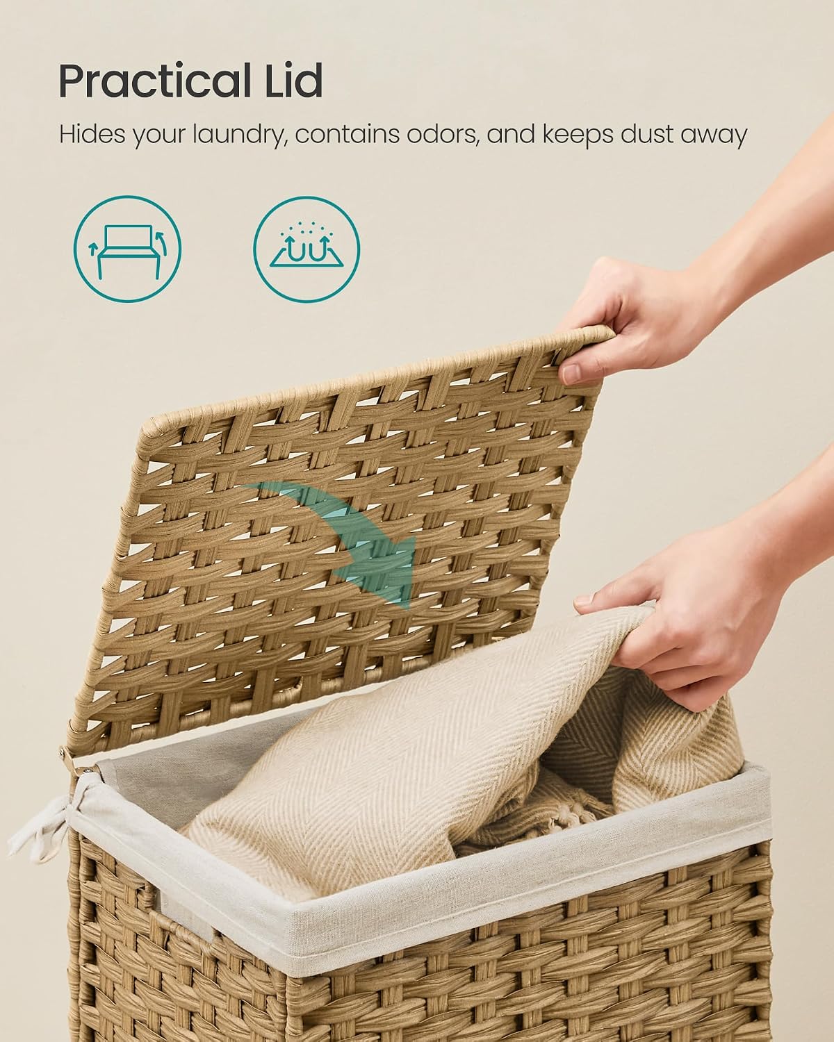 SONGMICS Woven Storage Basket with Lid, 27.7 Gallon (105L), Foldable