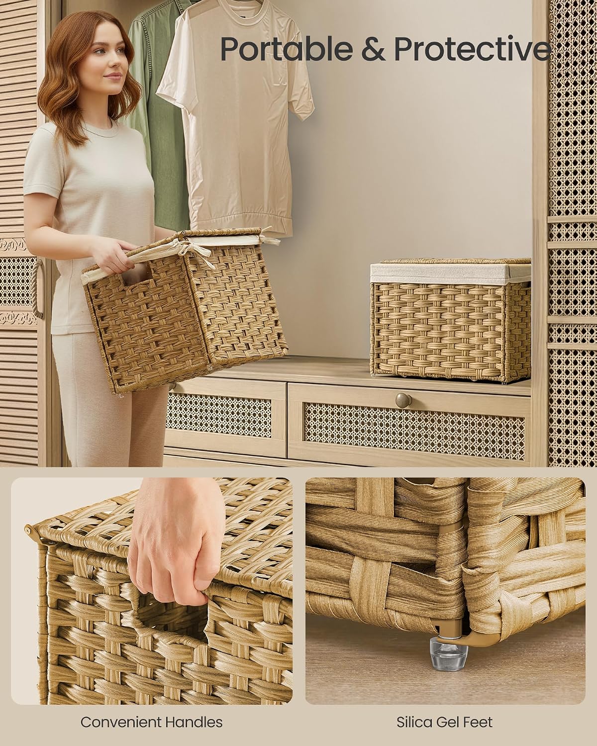 SONGMICS Woven Storage Basket with Lid, 27.7 Gallon (105L), Foldable