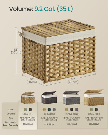SONGMICS Woven Storage Basket with Lid, 27.7 Gallon (105L), Foldable