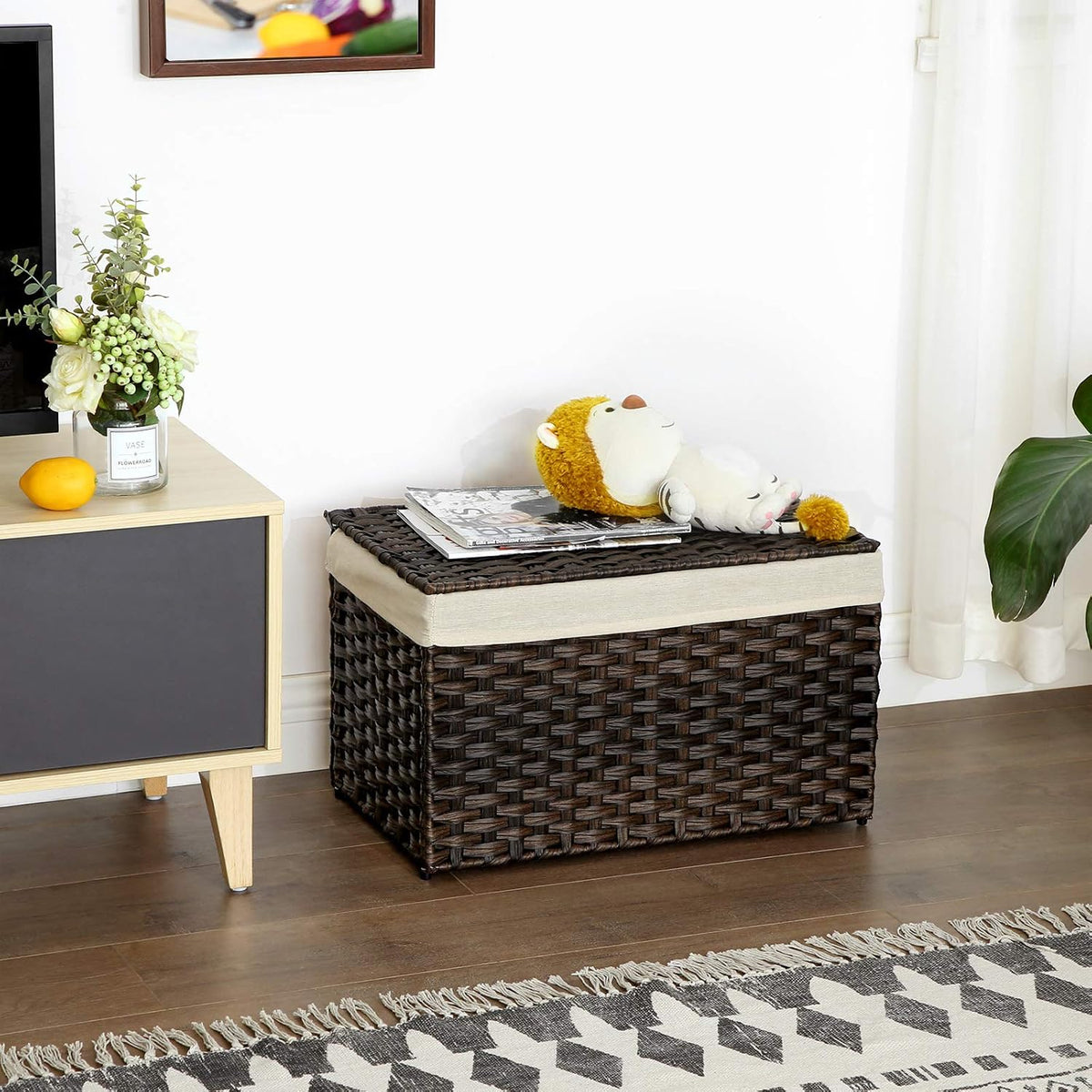SONGMICS Woven Storage Basket with Lid, 27.7 Gallon (105L), Foldable