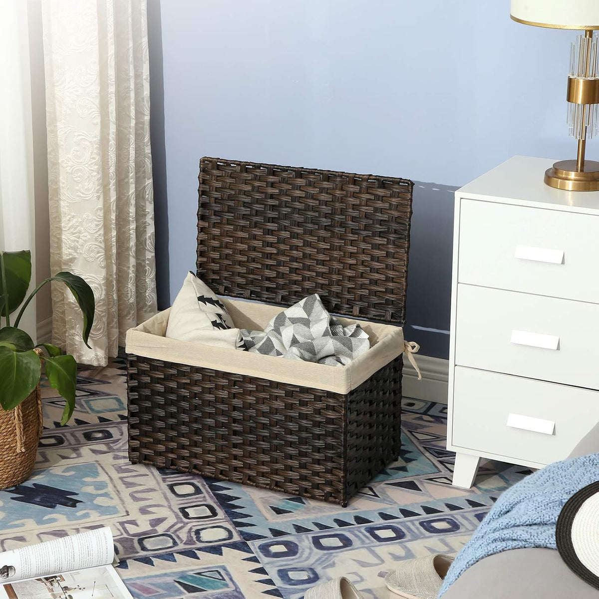 SONGMICS Woven Storage Basket with Lid, 27.7 Gallon (105L), Foldable