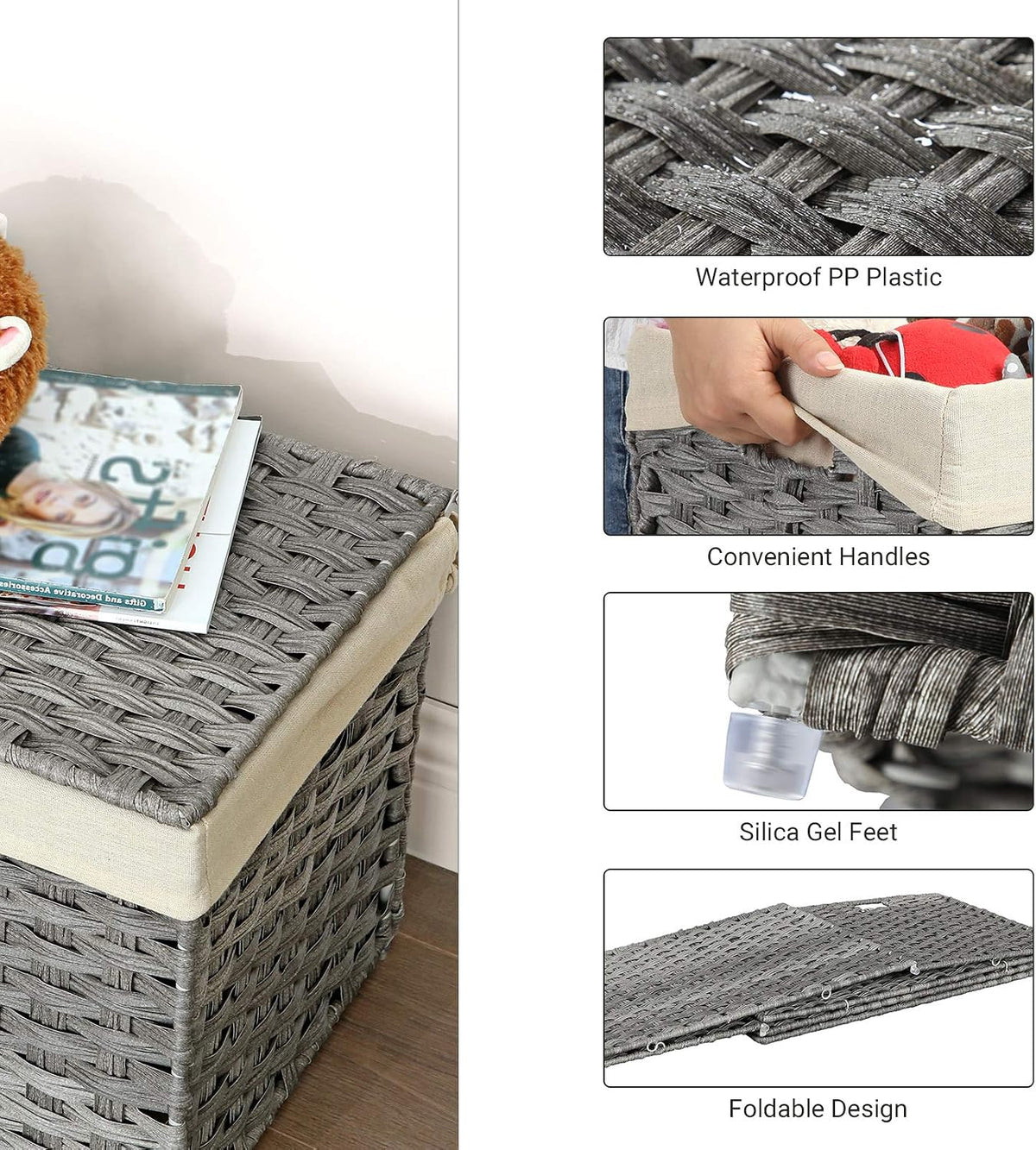 SONGMICS Woven Storage Basket with Lid, 27.7 Gallon (105L), Foldable