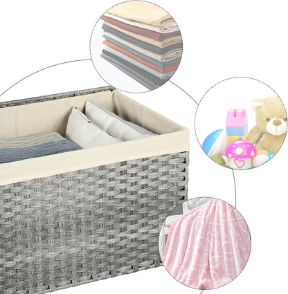 SONGMICS Woven Storage Basket with Lid, 27.7 Gallon (105L), Foldable
