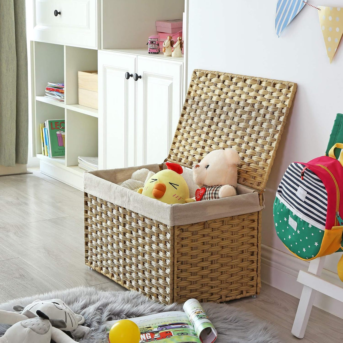 SONGMICS Woven Storage Basket with Lid, 27.7 Gallon (105L), Foldable