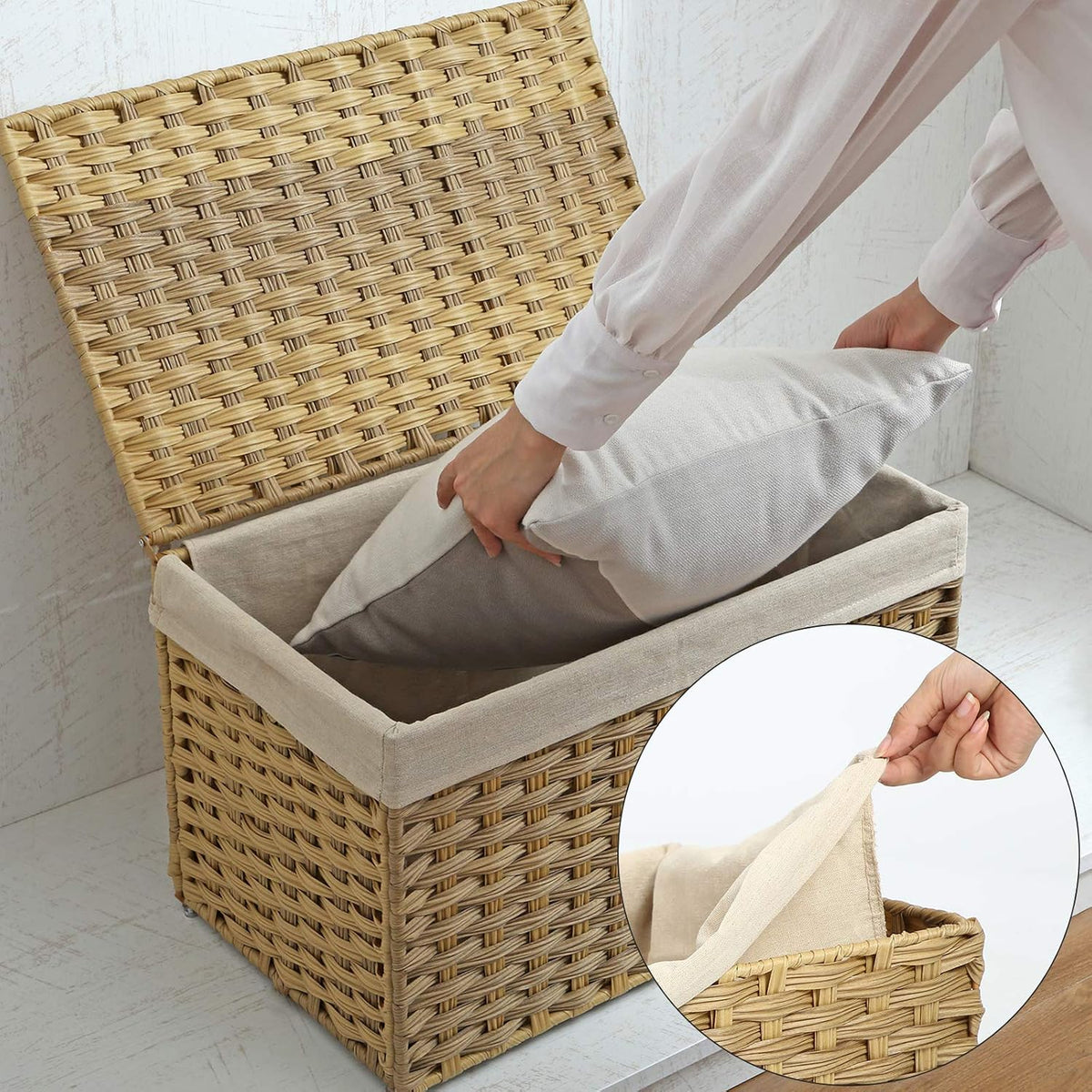 SONGMICS Woven Storage Basket with Lid, 27.7 Gallon (105L), Foldable
