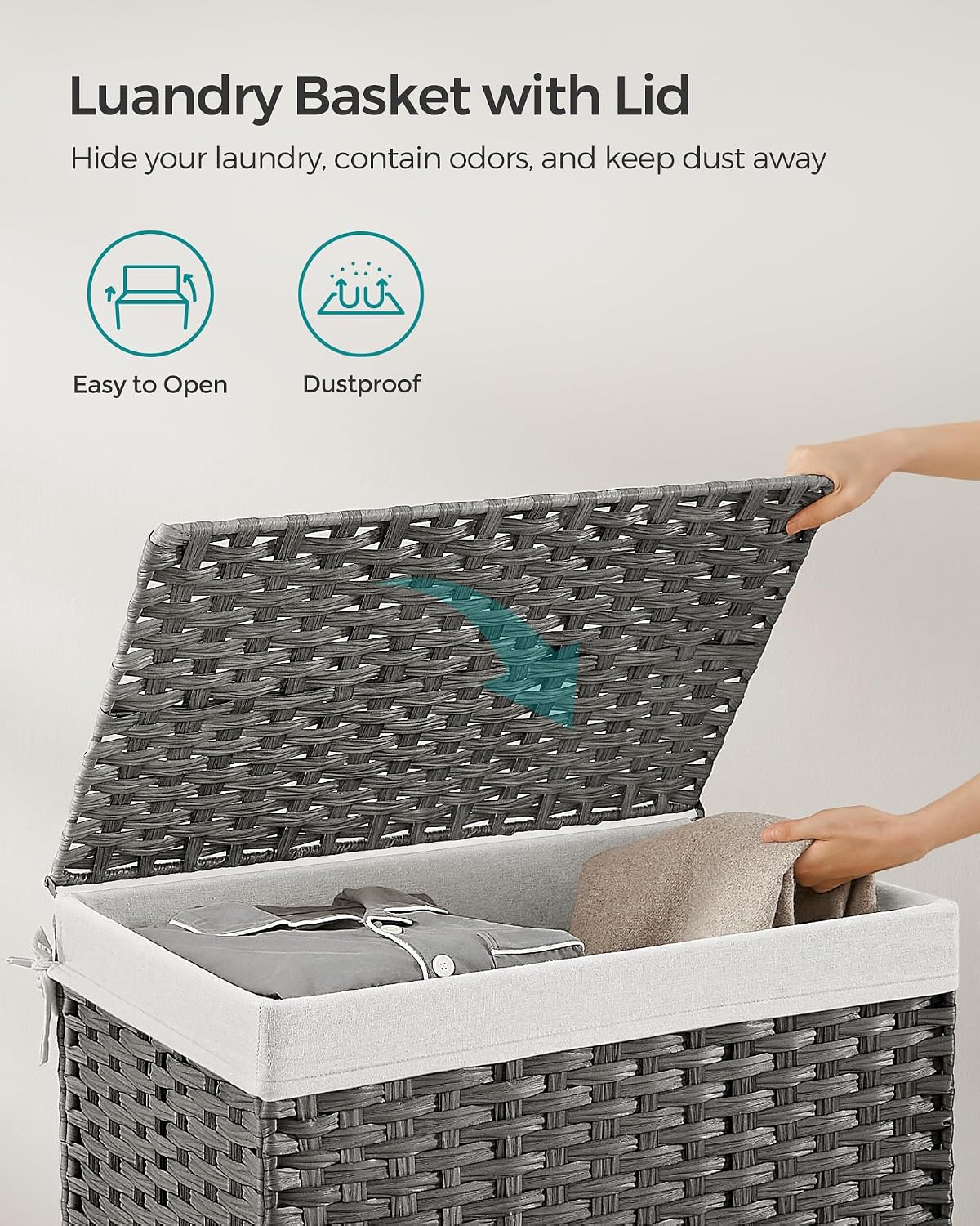 SONGMICS Woven Storage Basket with Lid, 27.7 Gallon (105L), Foldable