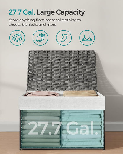 SONGMICS Woven Storage Basket with Lid, 27.7 Gallon (105L), Foldable