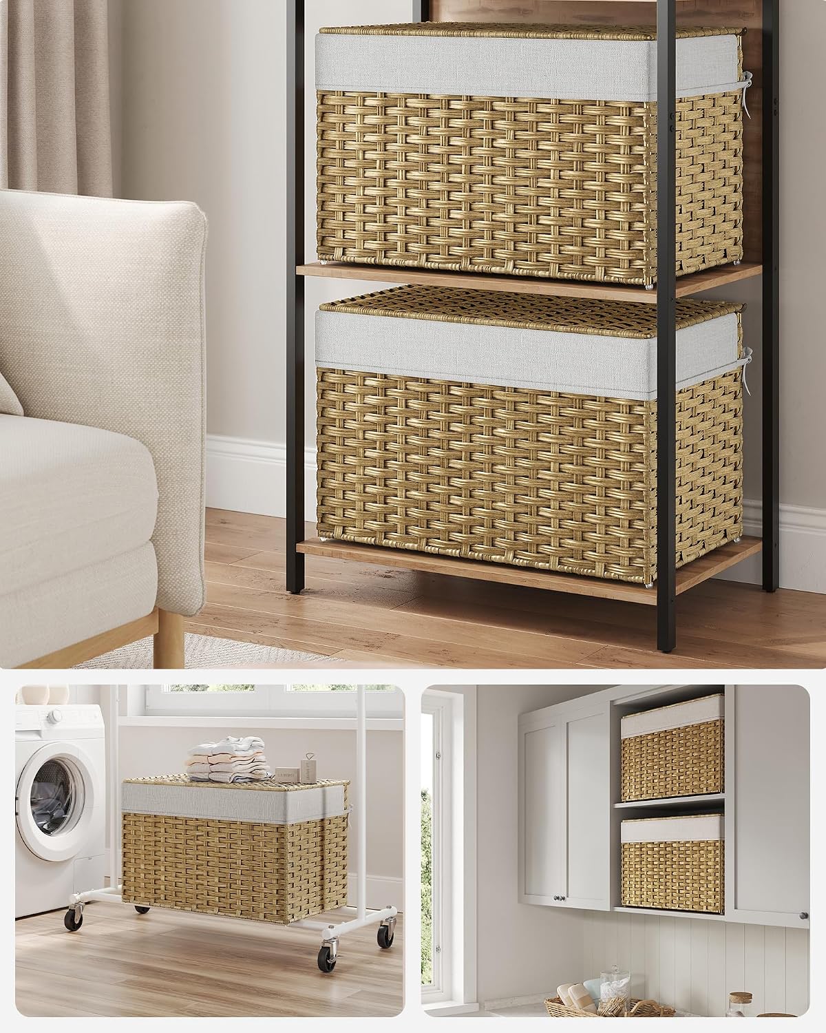 SONGMICS Woven Storage Basket with Lid, 27.7 Gallon (105L), Foldable