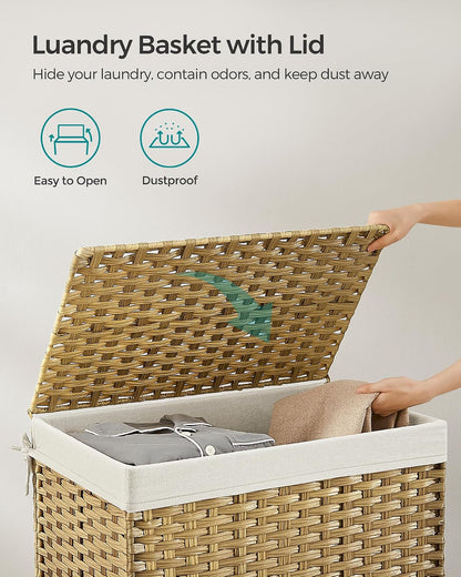 SONGMICS Woven Storage Basket with Lid, 27.7 Gallon (105L), Foldable