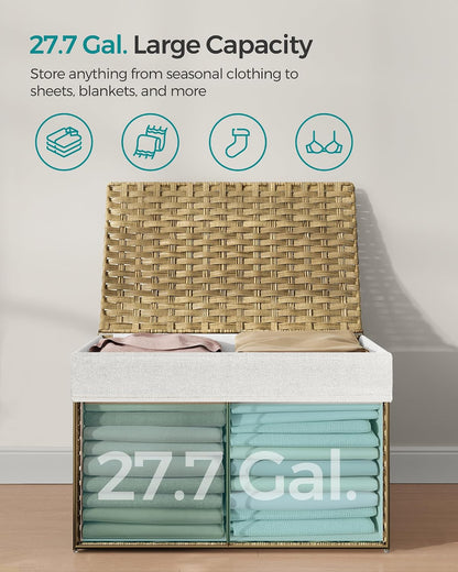SONGMICS Woven Storage Basket with Lid, 27.7 Gallon (105L), Foldable