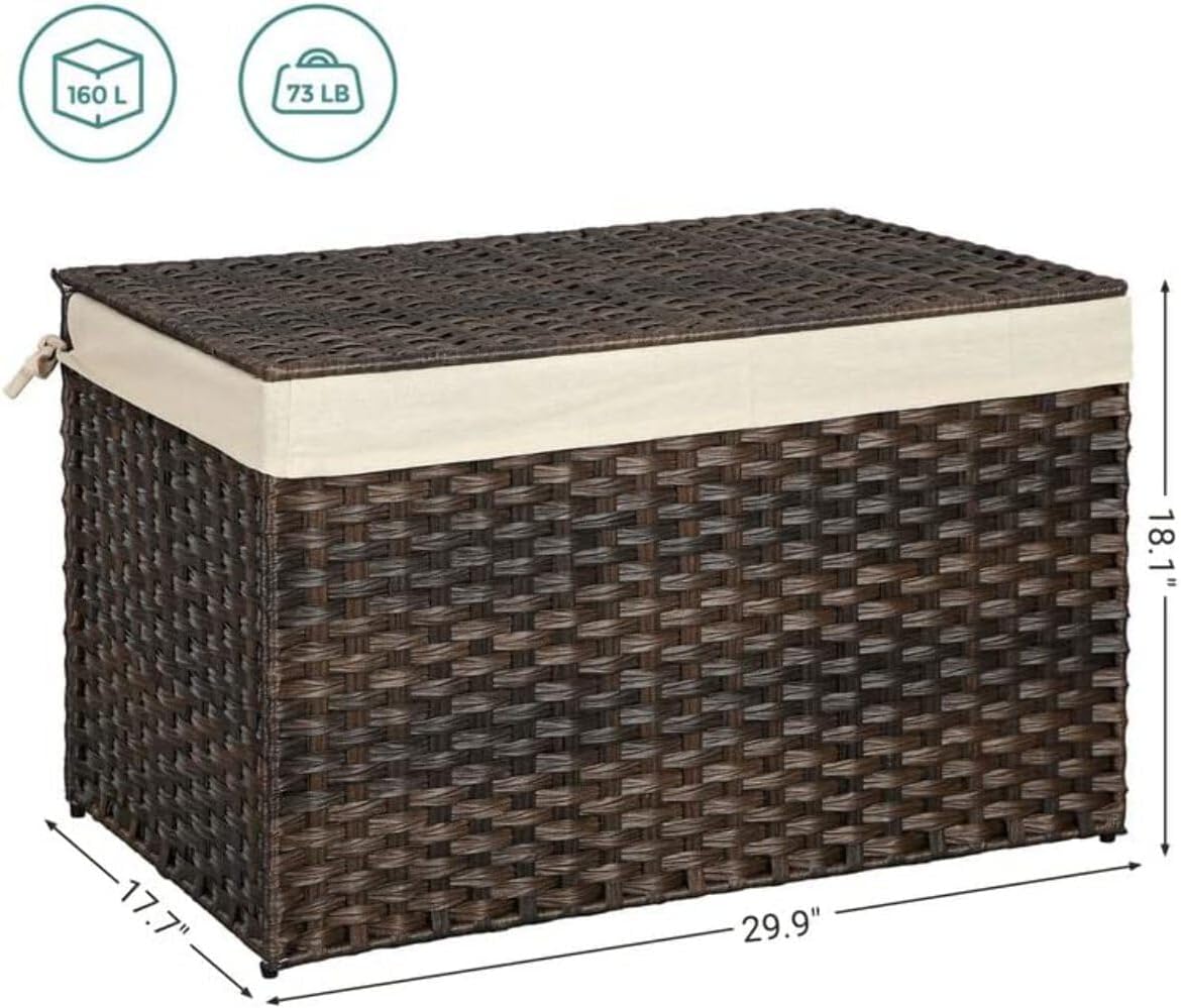 SONGMICS Woven Storage Basket with Lid, 27.7 Gallon (105L), Foldable