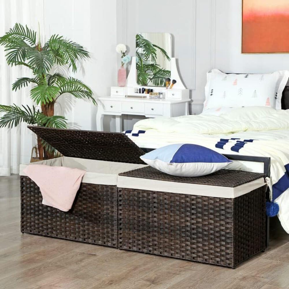 SONGMICS Woven Storage Basket with Lid, 27.7 Gallon (105L), Foldable