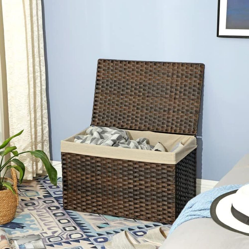 SONGMICS Woven Storage Basket with Lid, 27.7 Gallon (105L), Foldable