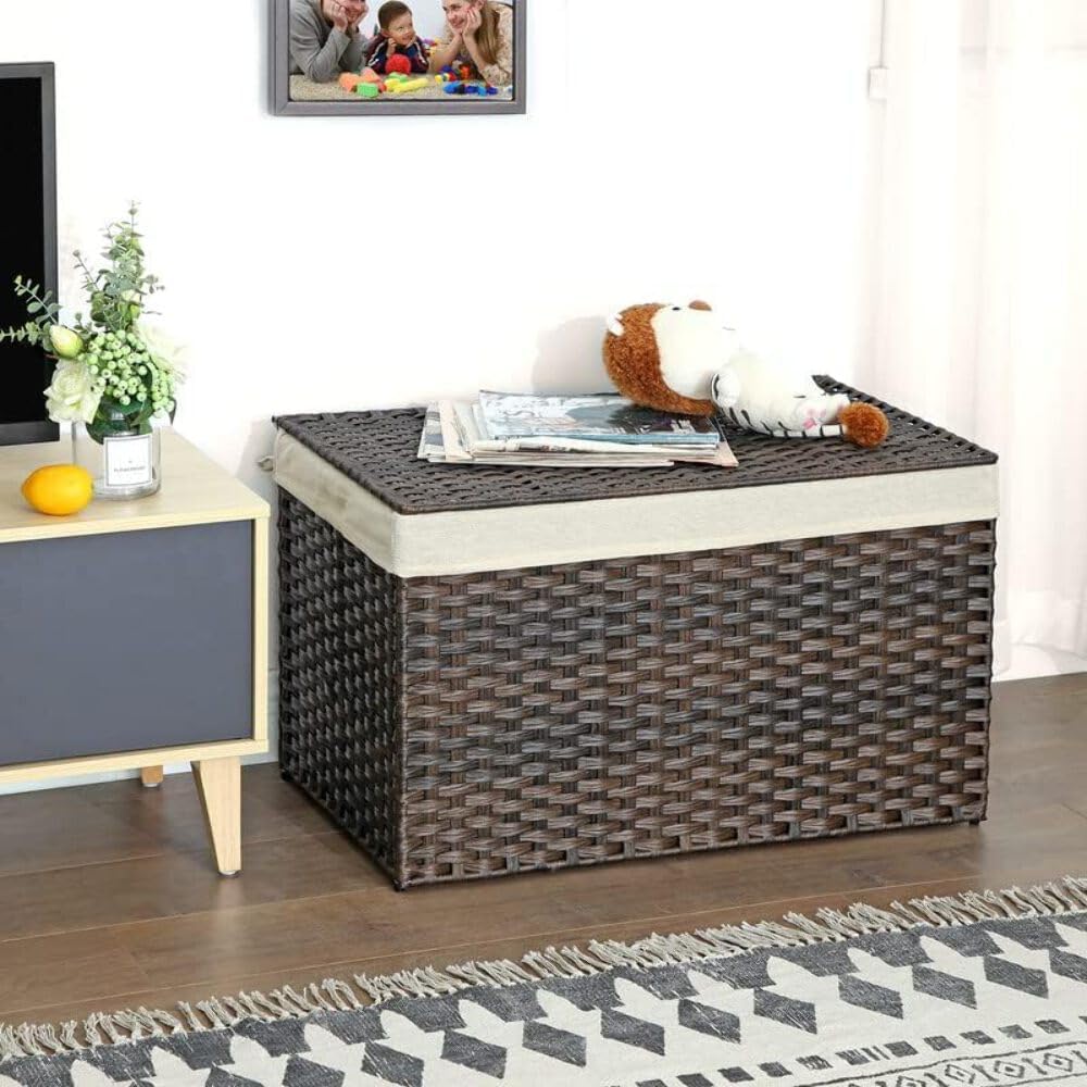 SONGMICS Woven Storage Basket with Lid, 27.7 Gallon (105L), Foldable