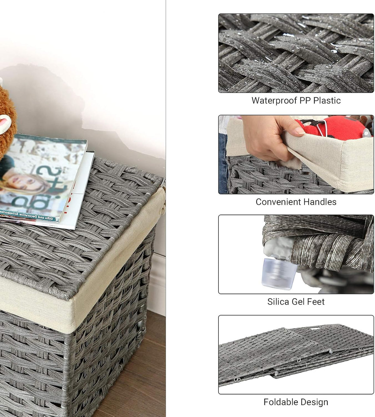 SONGMICS Woven Storage Basket with Lid, 27.7 Gallon (105L), Foldable