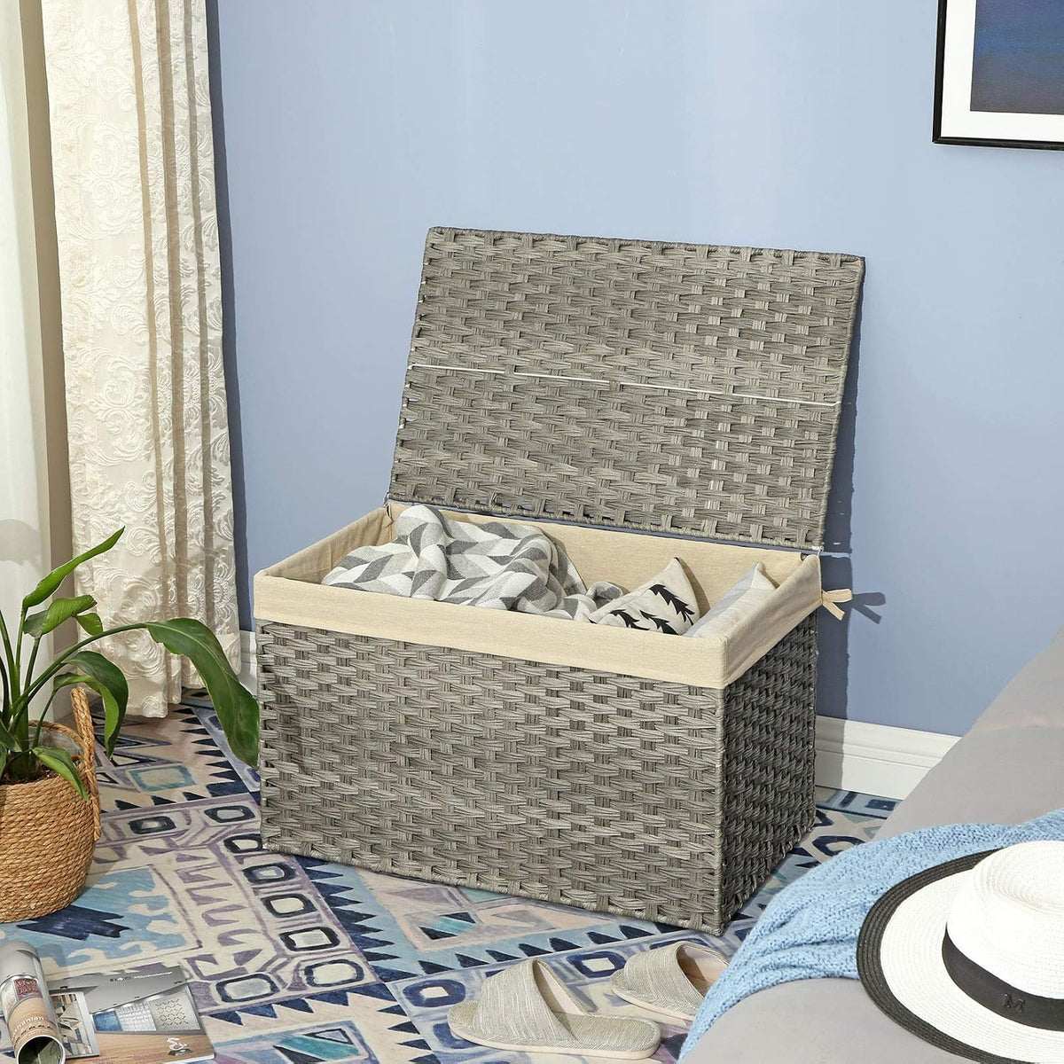 SONGMICS Woven Storage Basket with Lid, 27.7 Gallon (105L), Foldable